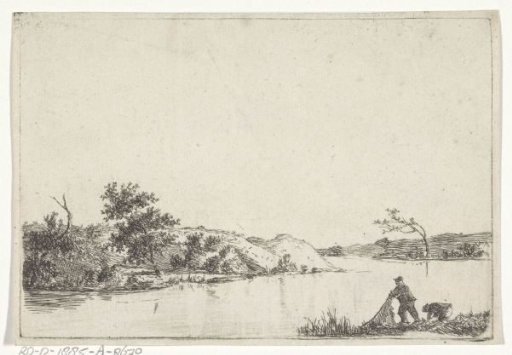 Landscape with two fishermen with nets by the water