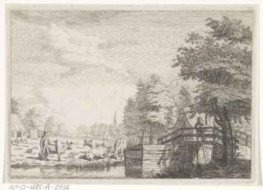 Landscape with bridge and cows in a meadow