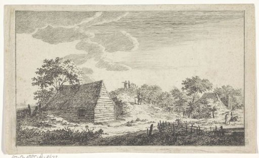 Landscape with wooden barn and two figures on a hill