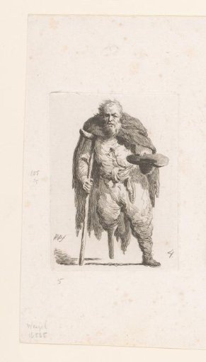 Beggar with a wooden leg leaning on a staff
