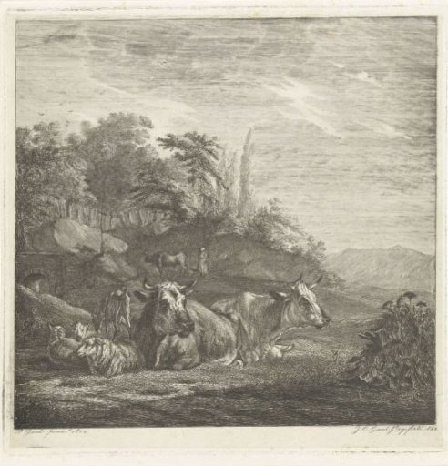 Two cows and three lying sheep by a bridge