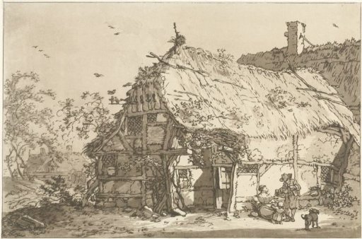 Farmhouse with a family in the yard