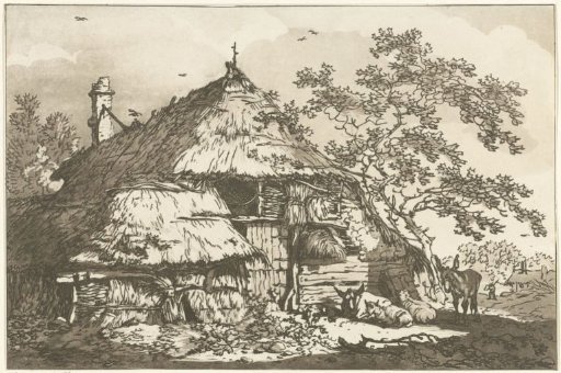 Farmhouse with a cow, two sheep and a donkey in the yard
