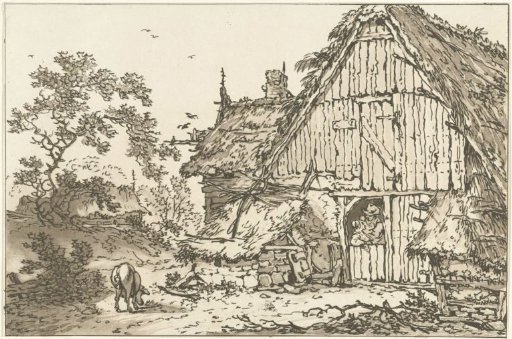 Farmhouse with two people in the doorway