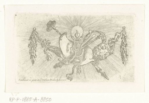 Vignette with lyre, burning heart, shield, liberty cap and sun