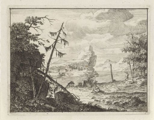 River Landscape with Coniferous Trees and Walkers