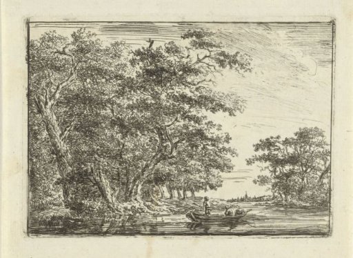 Fishermen in a small boat at a wooded bank