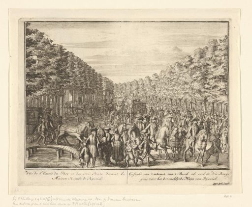 View of the tree-lined avenue with the three bridges in front of the Huis ter Nieuburch in Rijswijk, 1697