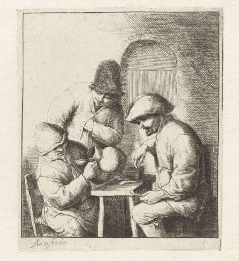 Man Looking into an Empty Jug, Two Men Watching