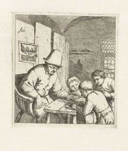 Schoolmaster with three pupils at a table