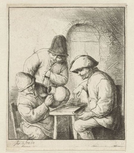 Man Looking into an Empty Jug, Two Men Watching