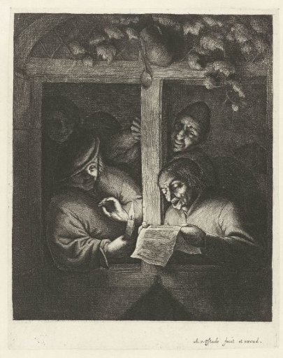 Three men singing from a sheet of paper by candlelight in an open window
