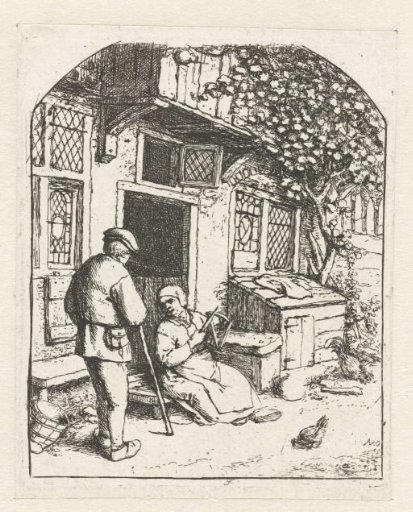 Spinster sitting on the threshold of a house in conversation with a man