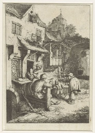Hunchbacked violinist in front of an inn