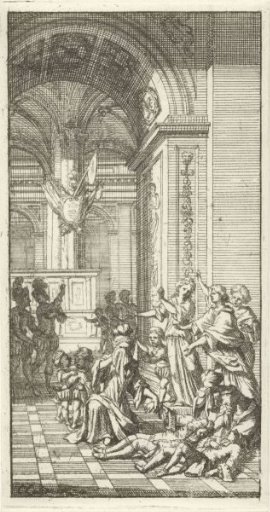 Women weeping over two dying men in a palace