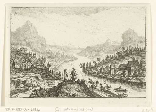 River landscape with two men on a hill