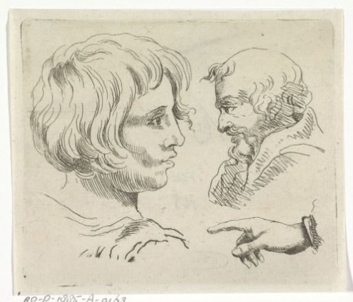 Study sheet with a child's face, the face of an old man and a pointing hand