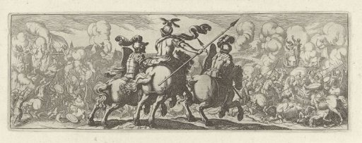Three cavalrymen at a battle with elephants