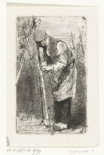 Man tying bean poles in vegetable garden