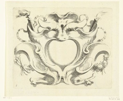 Wide strapwork cartouche with a heart-shaped compartment