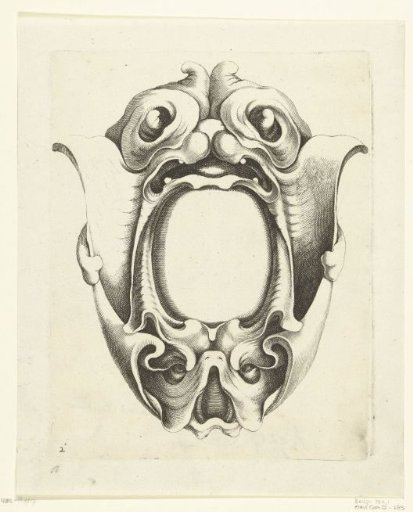 Cartouche with a mask at the top and bottom
