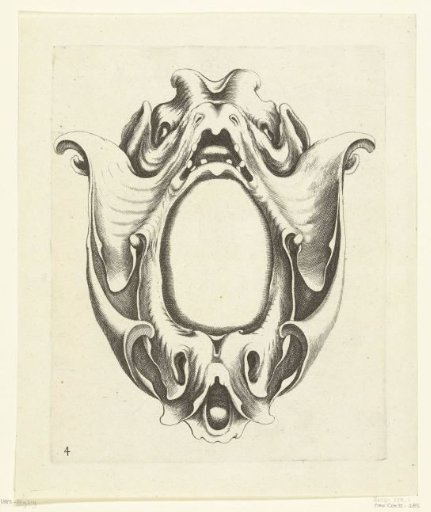 Cartouche with a mask with an open mouth