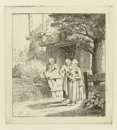 Two Women and a Man in Front of a Farmhouse