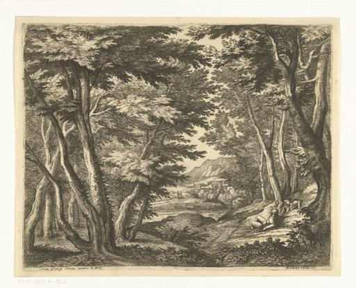 Landscape with three men at a clearing in the forest