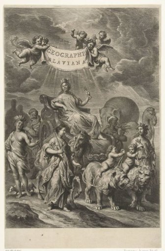 Female personification of Geography on a triumphal chariot and the continents America, Africa, Asia and Europe