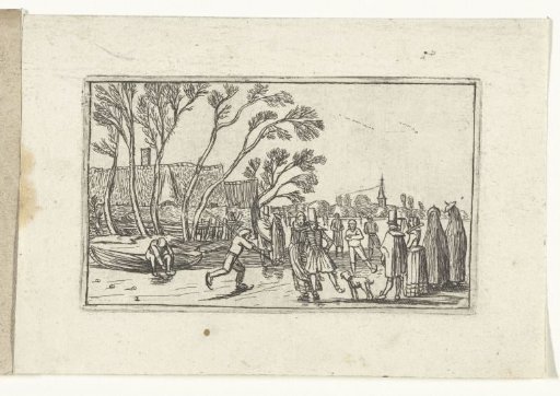 Skaters on the ice near a farmhouse