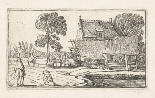 Rider on a path along a farmhouse