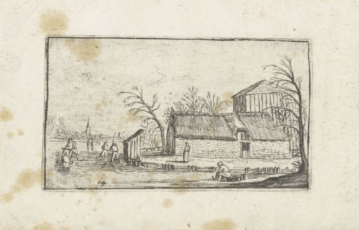 Frozen river with skaters near a farmhouse