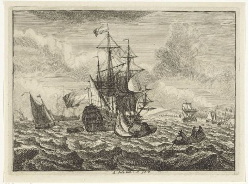 Seascapes with ships and a rowing boat