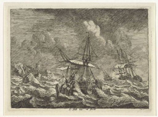Three sailing ships in a storm before a rocky coast