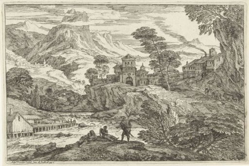 Landscape with three people on the riverbank