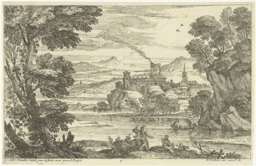 Landscape with dog at the water's edge