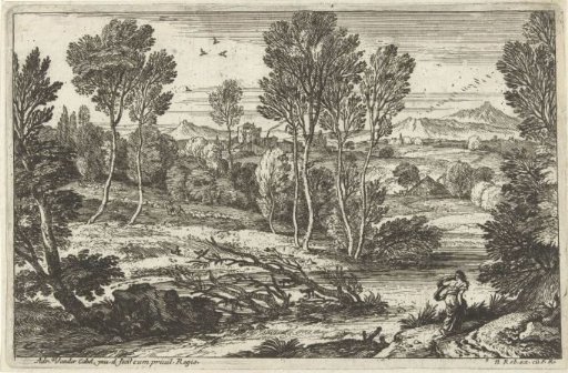Landscape with woman walking along a river
