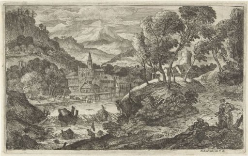 Landscape with waterfall and village