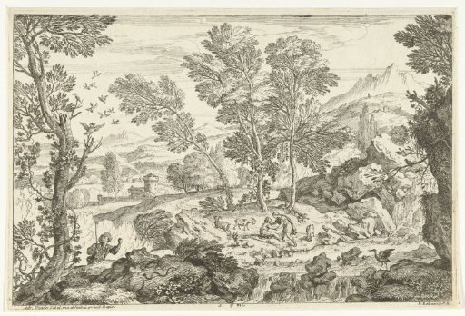 Landscape with a waterfall and various animals