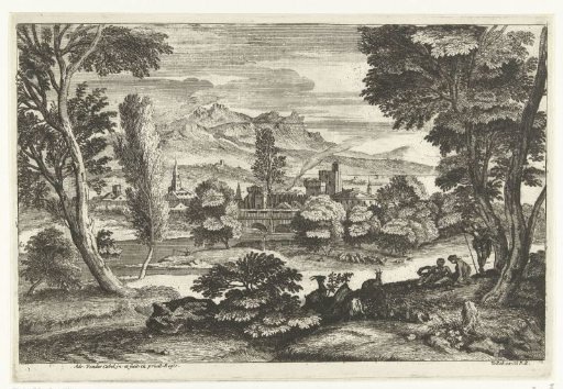 Landscape with three persons near a herd of goats