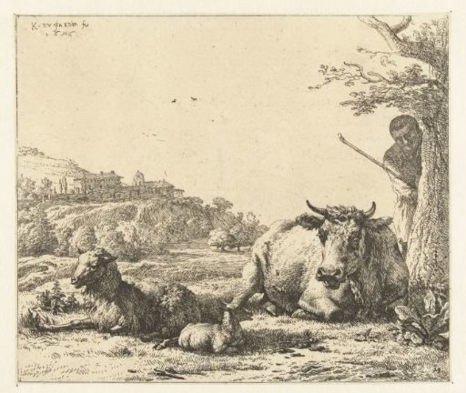 Landscape with a Shepherd Behind a Tree and a Lying Cow with a Sheep and a Lamb