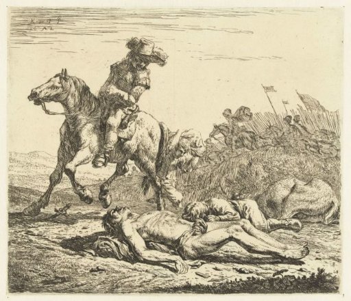 Battlefield with a soldier on horseback and two dead bodies