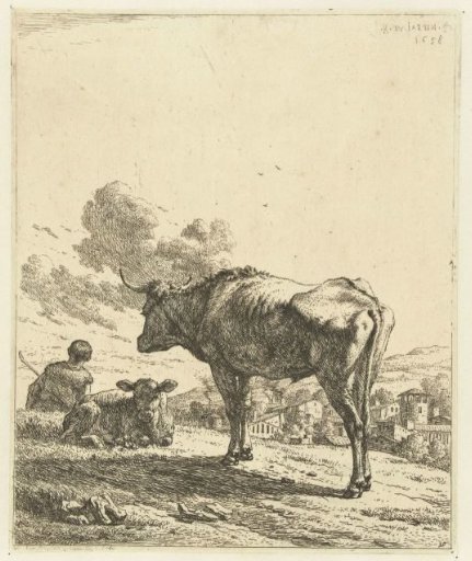 Shepherd with an ox and calf near a village