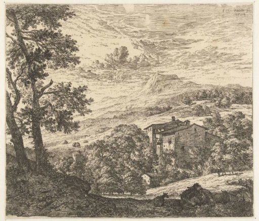 Hilly landscape with houses and donkey and two sheep