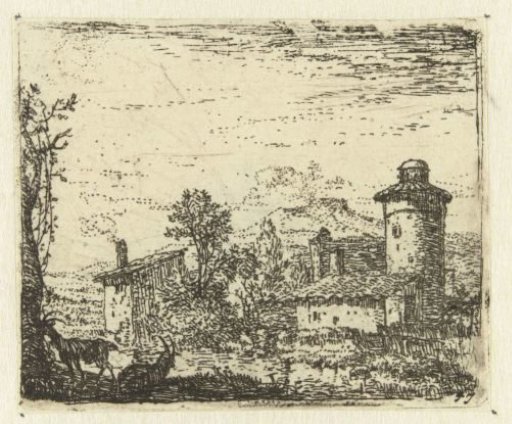 Italianate Landscape with Round Tower and Two Goats