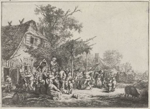 Dancing peasants in front of an inn
