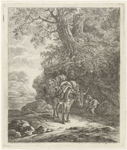 Pack Donkey on a Country Road with a Man Relieving Himself