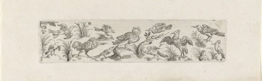 Frieze with eleven birds, with a tree at the left end