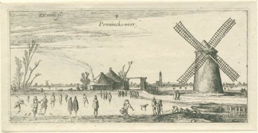 Skaters on the ice near a mill at Penningsveer