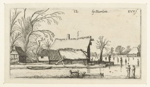 Farmhouse near a frozen river with skaters